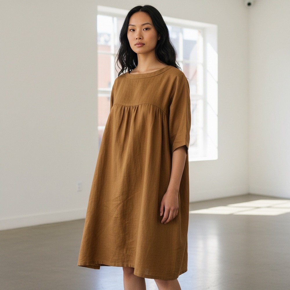 AMAE Co Brown Linen Babydoll Dress S Minimalist Lagenlook Autumn Capsule Artsy
